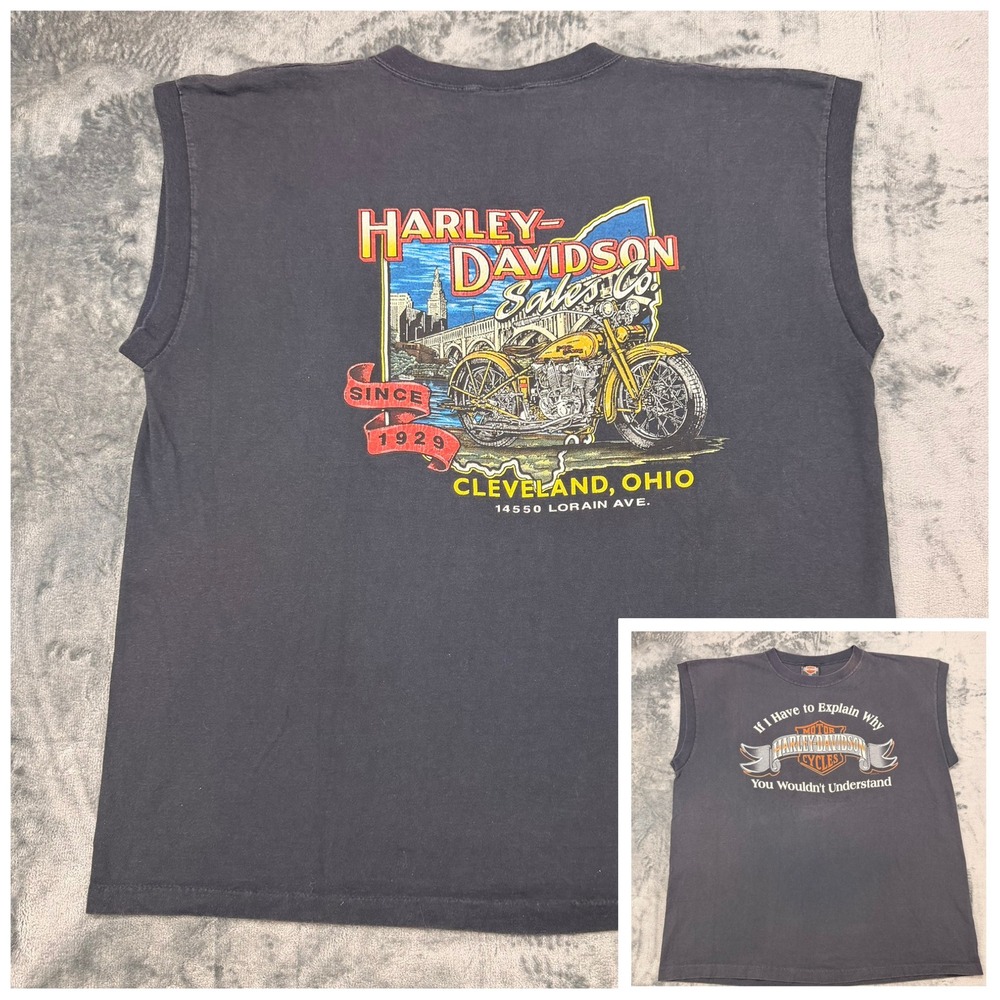 Vintage Harley Davidson XXL Single Stitch USA Made Muscle Tee Cleveland Faded